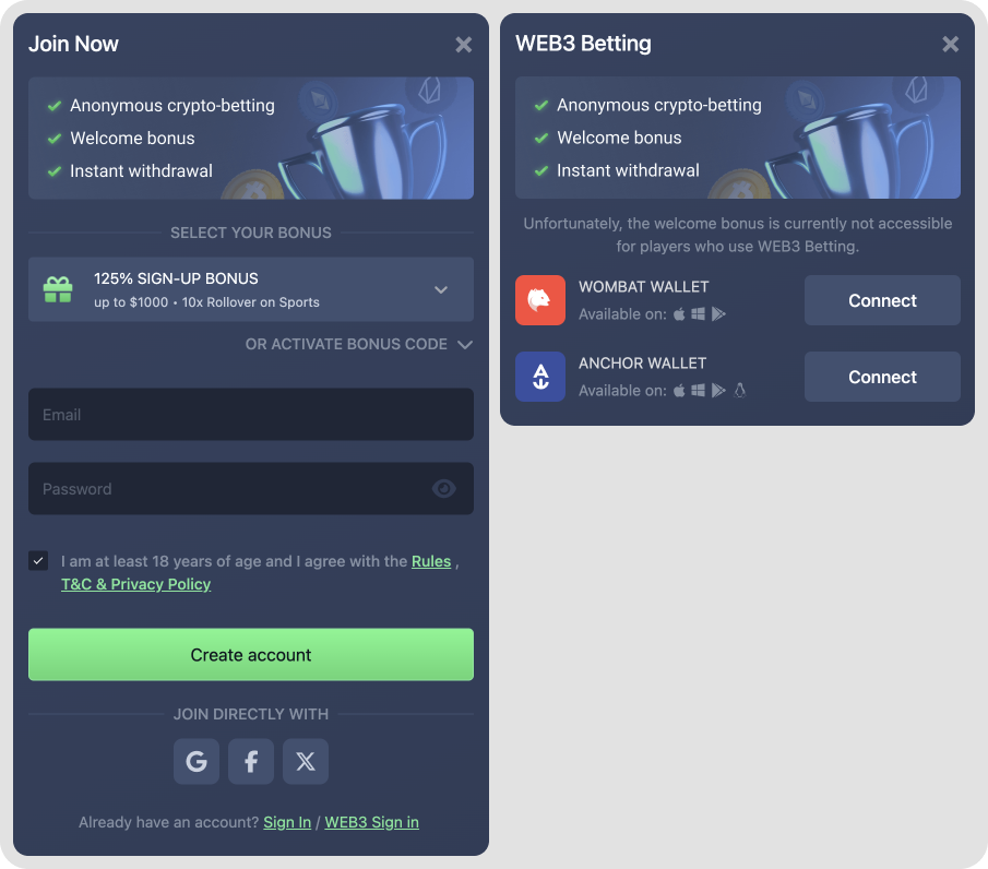 Log in options at Sportbet.one