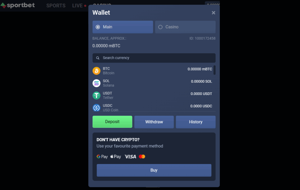 Screen of deposit, withdrawal, and purchase for Bitcoin (BTC) and other cryptocurrencies at Sportbet.one