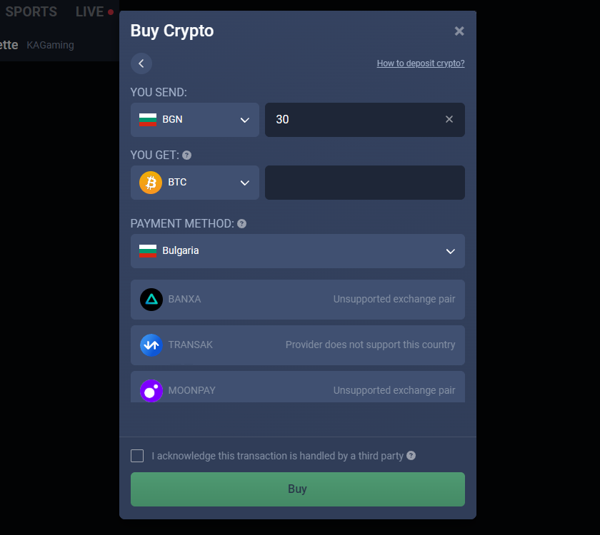 Option to buy BTC directly at Sportbet.one via multiple payment methods