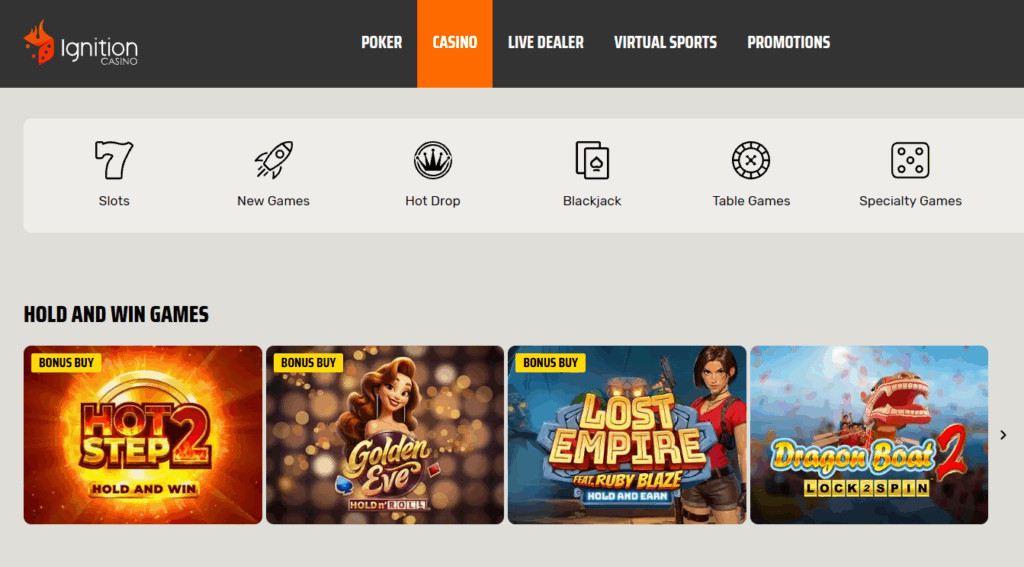 Ignition Casino homepage for the casino games