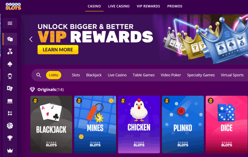 Casino platform Super Slots with original games on the homepage