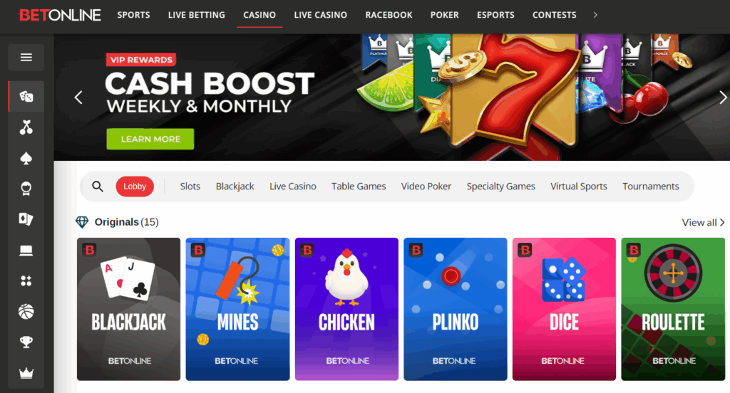 Homepage of the BetOnline casino with no KYC verification