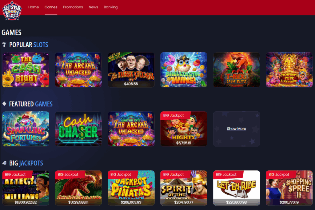 All Star Slots casino page with popular games showcased