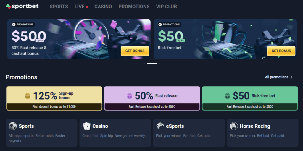 Sportbet.one no-KYC site page with listed welcome bonuses