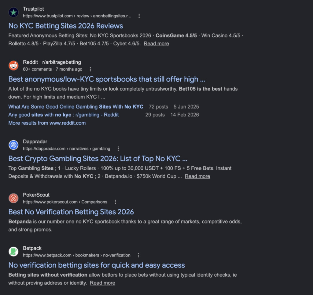 No-KYC betting sites" search results