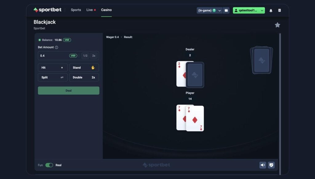 Blackjack table with player and dealer hands and action buttons.