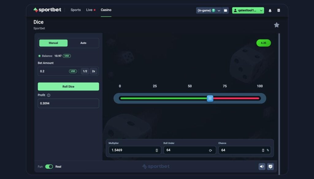 Dice game with the 0-to-100 slider, win chance, and payout.
