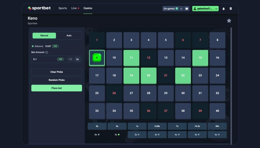 Sportbet.one Keno game with a numbered grid and highlighted matching draws.