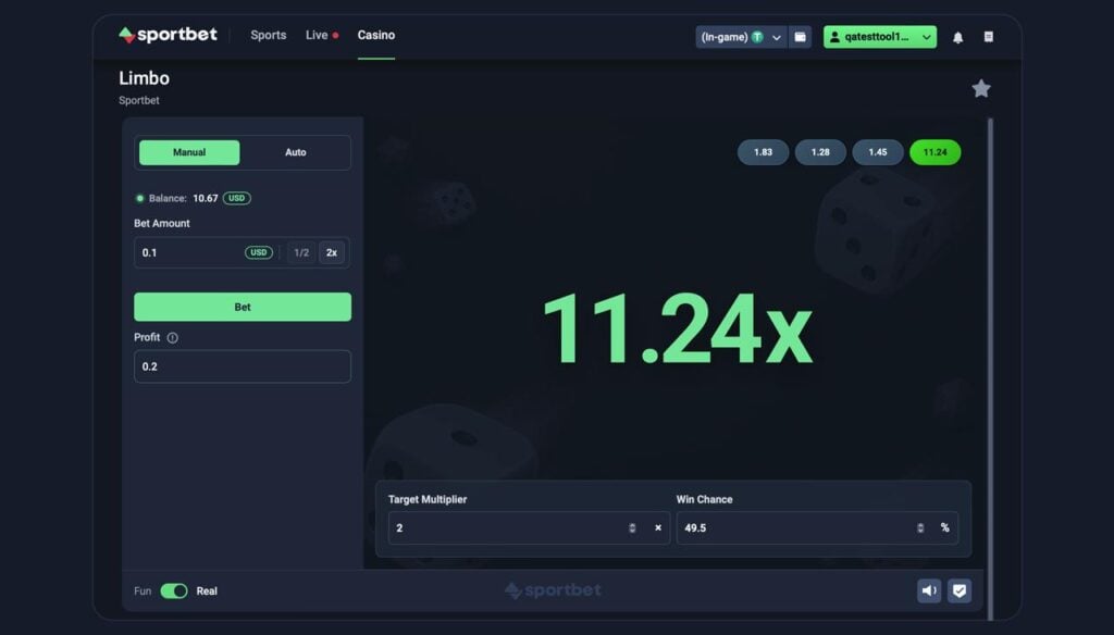 Sportbet.one Limbo game showing the target and result multipliers.