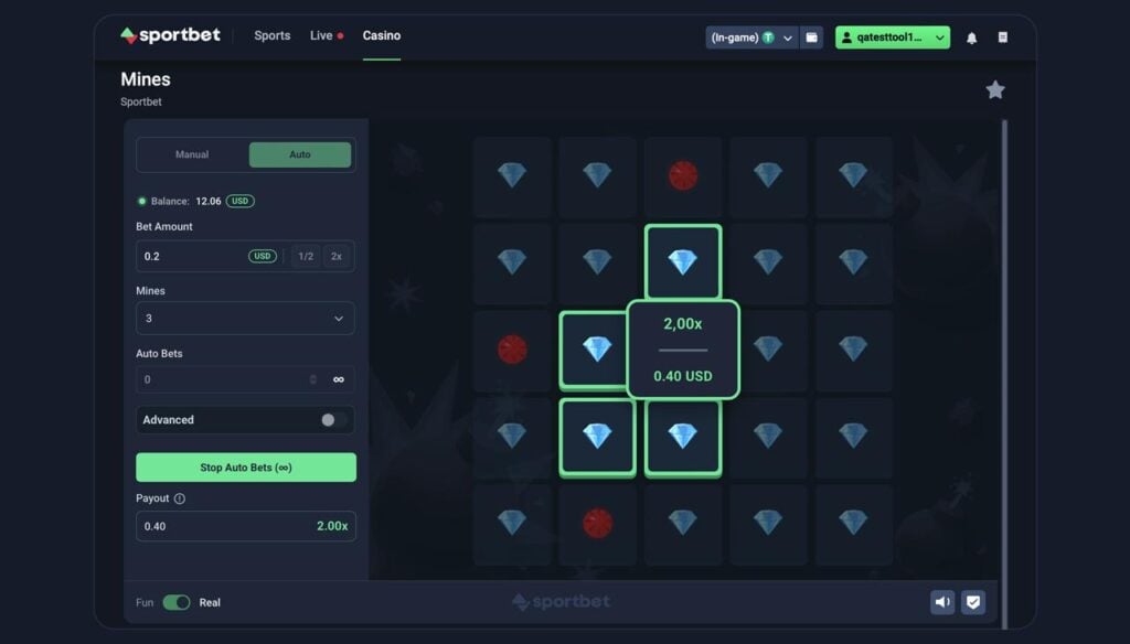 Sportbet.one Mines game with a grid of revealed gems and a cash-out multiplier.