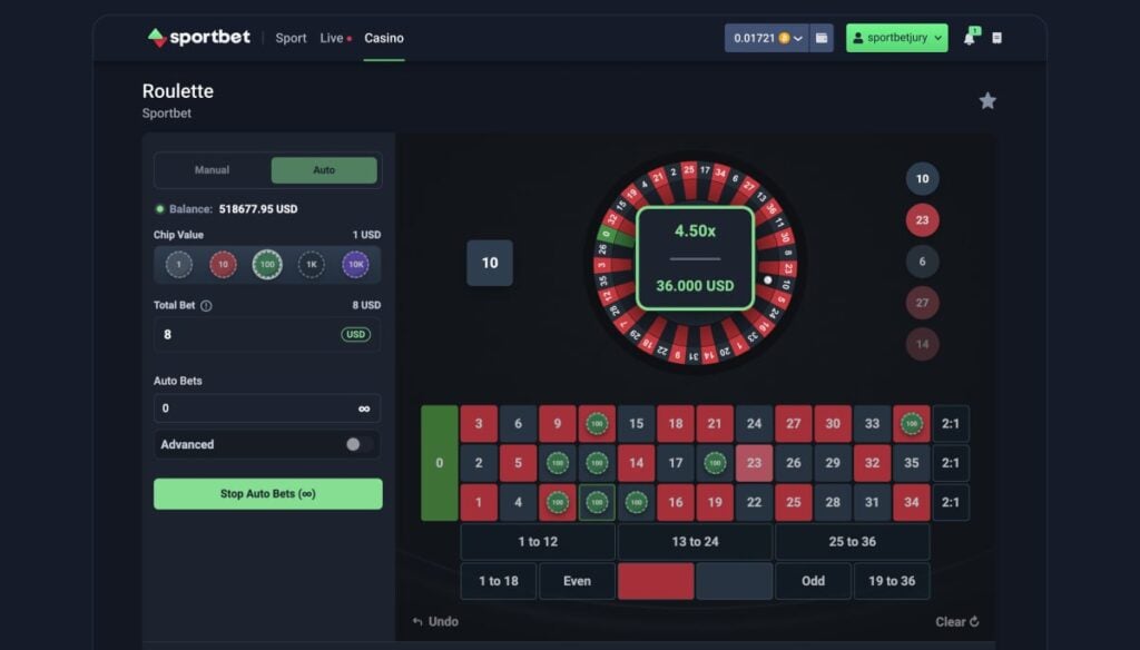 Sportbet.one Roulette wheel and betting layout with chips placed